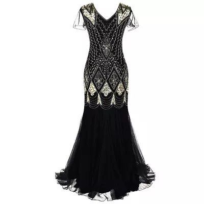 Women Luxury Diamond Retro Fishtail Dress V-neck Shortsleeve Evening Dinner Gown • $65.99