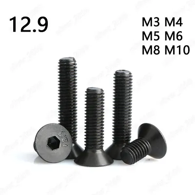 M3 M4 M5 M6 M8 M10 Black 12.9 Steel Hex Socket Bolt Countersunk Flat Head Screws • $12.71