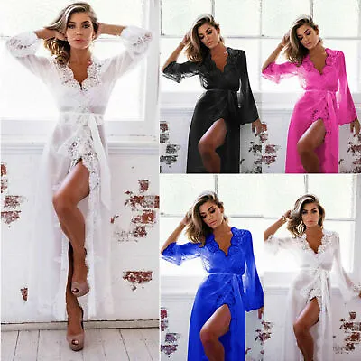 Mujer Sexy Long Kimono Robe Negligee Gown Lace Sheer Lingerie Maxi Nightdress UK • £6.95