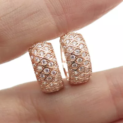 925 Sterling Silver Rose Gold Plated Pave C Z Huggie Earrings • $39.95