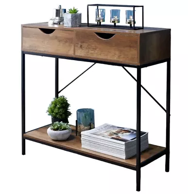 2 Tier Console Table Black Metal Frame Wooden Drawer Entryway Hallway Furniture • £56