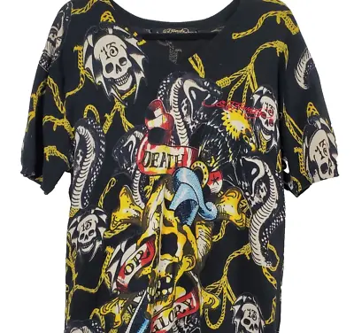 Ed Hardy Shirt Mens L Black Skull Snake Death Glory V Neck Short Sleeve Sweater • $99.99