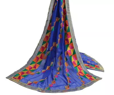 Sushila Vintage Blue Dupatta Blend Chiffon Silk Phulkari Embroidered Long Stole • $27.99