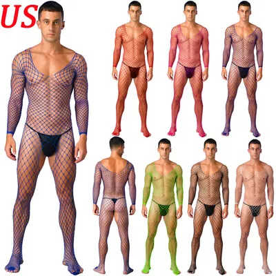 US Mens Crotchless Bodystocking Stretchy Hollow Out Fishnet Bodysuits Lingerie • $6.50