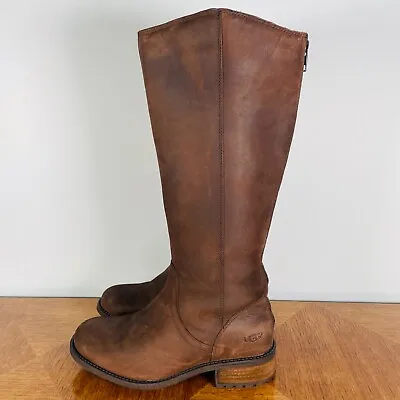 Ugg Womens Seldon Riding Tall Boot Brown Leather Rear Zipper Cushioned Lined 7.5 • $85.41