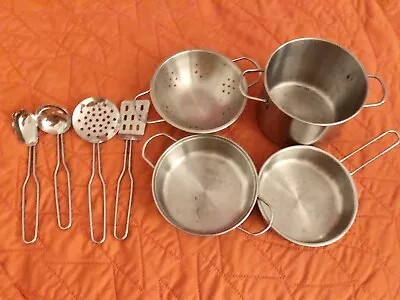 $10.99 • Buy Pretend Play Kitchen Metal Pots, Pans & Utensils Lot 9 Pcs - For Kids Play Food