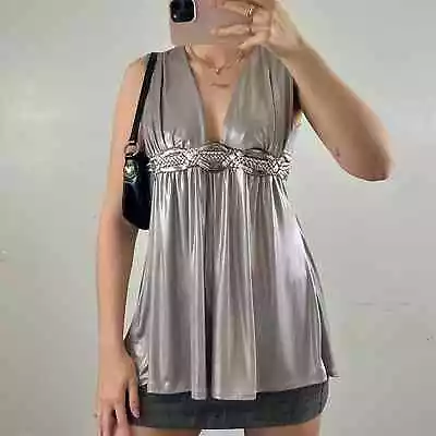 Body Central Y2k Metallic Babydoll Tunic Tank Deep Neckline Belted • £38.61