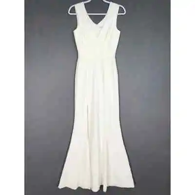 Dress The Population Dress XS White Sandra Plunge Slit Crepe Mermaid Gown Maxi • £61.33