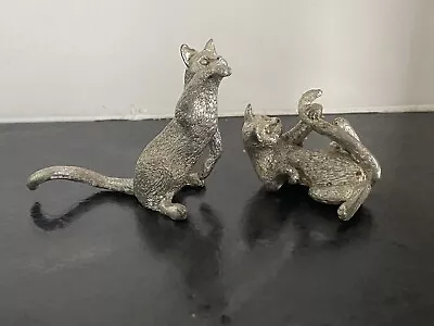 2 Vintage Silver Metal Playful Kitchens Cats Miniature Ornaments 5 X 5cm VGC • £6