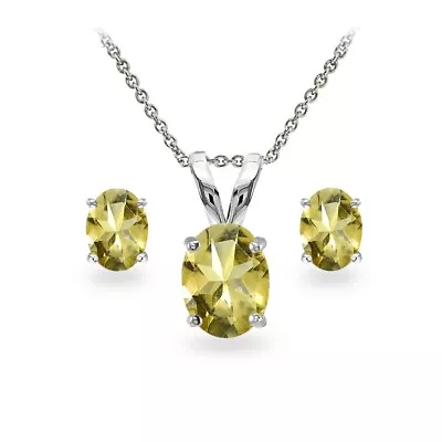 Sterling Silver Citrine Oval-cut Solitaire Necklace And Stud Earrings Set • $24.99