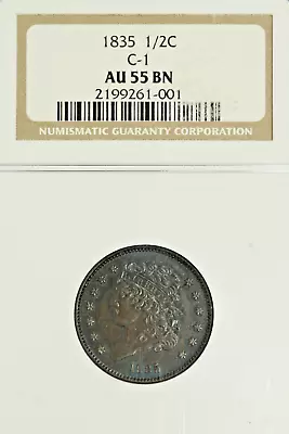 1835 Classic Head Half Cent C-1 : NGC AU55BN • $229.99