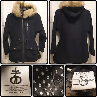 DROP DEAD Navy 50% WOOL Hooded PARKA Womens Jacket UK 8 FUR TRIM HOOD Pockets • $32.05