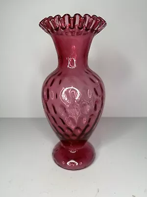 Vintage Fenton Cranberry Glass Crimped Rim Dot Optic Coin Dot Pinched Vase 8.75” • $21.95