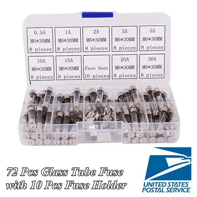 72 Pcs Mini Assorted Kit Glass Tube Fuse Box 250V 0.5A-30A For Car Caravan Boat • $9.53