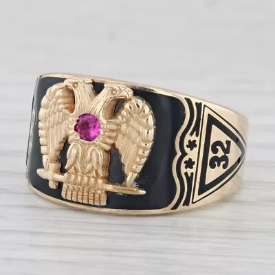 Vintage Scottish Rite Ring 10k Gold Masonic Eagle Lab Created Ruby Cigar Band • $599.99