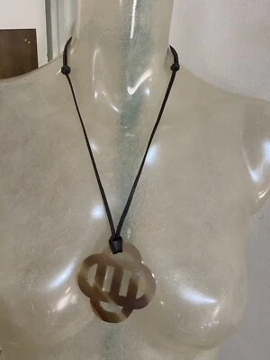 $227.74 • Buy Hermes Horn Laquer Pendant  Brown On Leather Cord