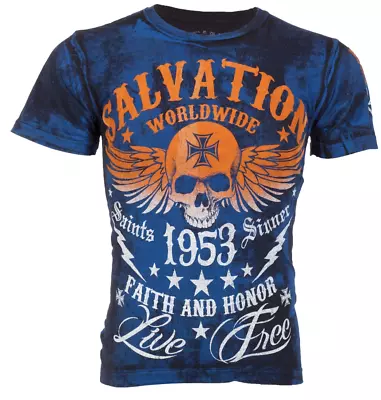 Archaic By Affliction Men's T-Shirt BLACK TIDE Skull Blue Biker S-3XL • $23.99