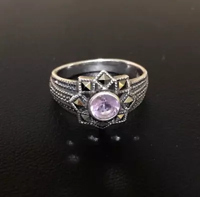 Vintage Sterling Silver 925 Ring Marcasite Purple Faceted Stone Size 6.5 • $18.95