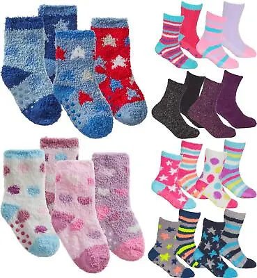 Babies Kids Fluffy Socks Cosy Warm Fuzzy Slipper Bed Sock With Grips (4 Pairs) • £5.99
