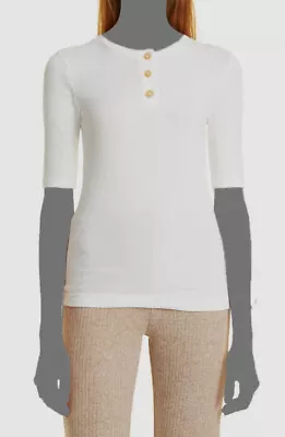 $110 Vince Women's White Elbow-Length Sleeve Pima Cotton Henley Shirt Top Size S • $72.38