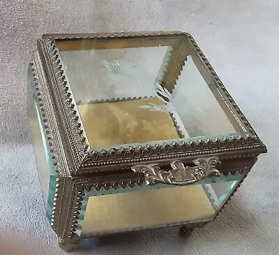 Vintage Ormolu Ornate Gold Engraved Beveled Glass Hinged Trinket Box 3  X 3 1/2  • $29.95