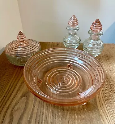 Vintage New Martinsville Leota Pink Vanity Perfume Bottle Set • $100