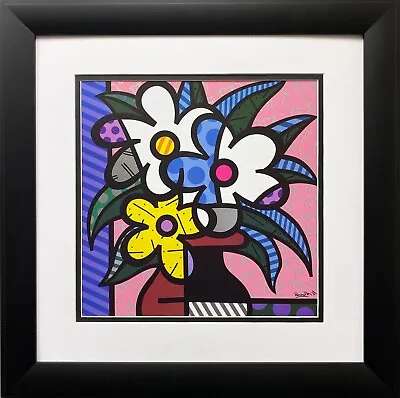 Romero Britto  CHERYL'S FLOWERS  (Metallic) New Custom FRAMED Pop ART PRINT RARE • $199.99