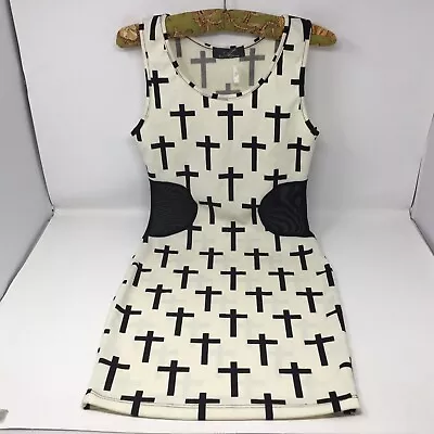 A3 Design Gothic Dress Size Small - Mesh Sides - Black Crosses - Cream Color USA • $19.99