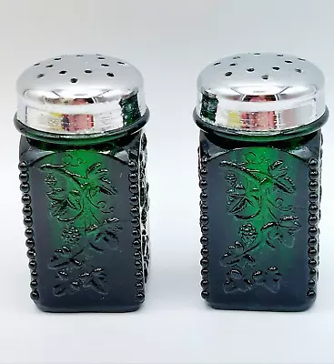 Vintage Emerald Green Pressed Floral Glass Salt & Pepper Shakers • $20