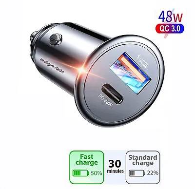 Car Charger USB C Fast Charging 48W QC 3.0 PD Mini Dual Port For Iphone Samsung • £5.99