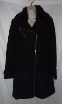 Black Small 4 / 6 Removable Faux Fur Collar Zip Up Wool Blend Coat Front Pockets • $15