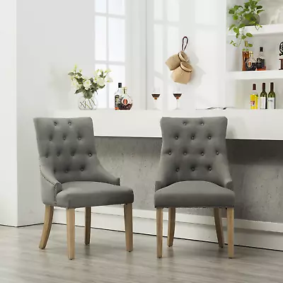 Grey Button Tufted Solid Wood Wingback Hostess Chairs With Nail Heads Set Of 2 • $199.99