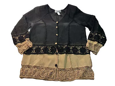 S M H Boutique M  Perforated Leather Boho Lace Patchwork Layered Top Jacket • $22.50