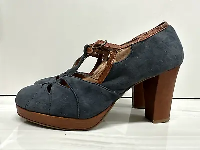 Anthropologie Miss Albright Size 9B Blue Suede & Leather Platform T-strap Heels • $19.99
