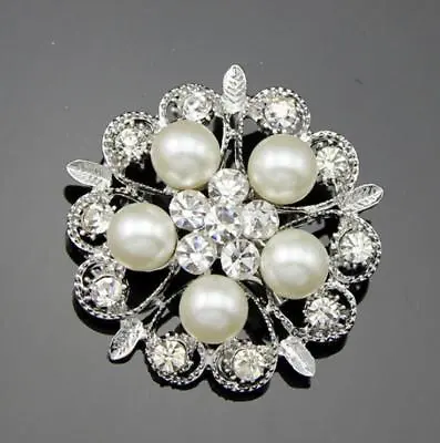 £2.63 • Buy Hot Silver Diamante Flower Pin Brooch Wedding Pearl Bouquet Bridal Cake Broach