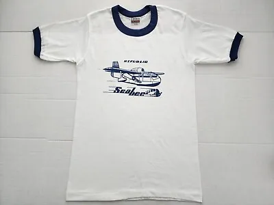 Vintage REPUBLIC SEA BEE T SHIRT Airplane Aircraft 50/50 RINGER Hanes Tag Size S • $23.99