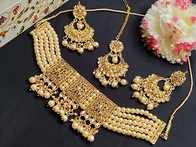 Indian Gold Plated Bridal Golden Color Kundan Choker Necklace  Jewelry Set • $16.99