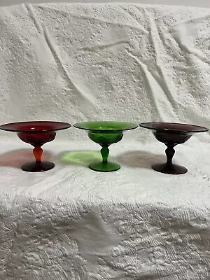3 New Martinsville Moondrops Compotes Ruby Evergreen Amethyst Depression Glass • $28.99