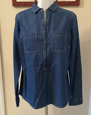 Fat Face Shirt Woman’s Blue Denim Snap Button Tunic Long Sleeve Cotton SZ 10 • £24.12
