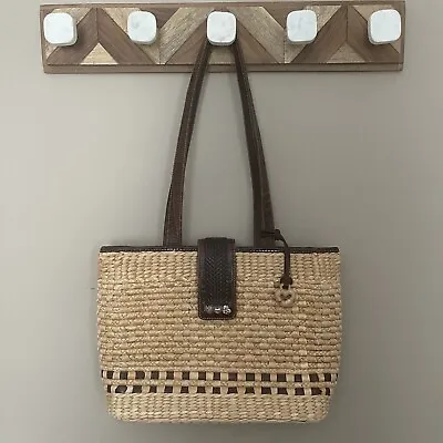 Brighton Vintage Straw And Leather Handbag Tote With Fabric Interior Charm • $39