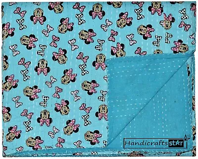 Turquoise Blue Colour Ralli Mickey Mouse Print Cotton Throw King Size Bedsheet • $57