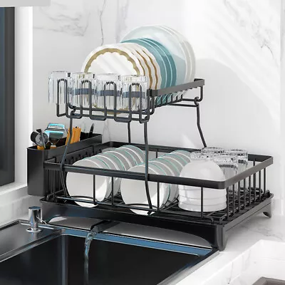 2 Tier Detachable Dish Drying Rack Kitchen Drainer With Cutlery Holder Drip Tray • $37.99