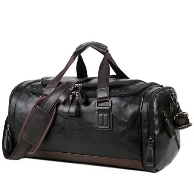 Men's Large Leather Travel Gym Bag Weekend Overnight Duffle Bag Handbag Black • £43.06