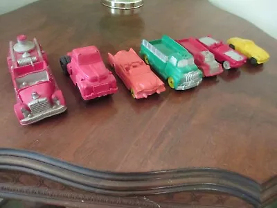 7 VINTAGE AUBURN RUBBER TOY CAR TRUCK LOT CADILLAC FIRE SEMI STAKE TRUCK 1950's • $24.99