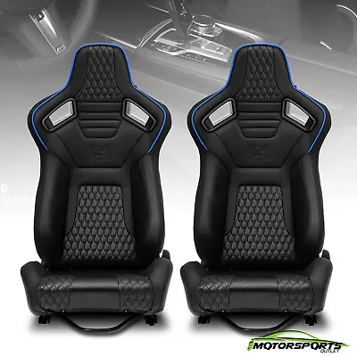 Pair Of Black W/ Blue PVC Carbon Fiber Leather Reclinable Racing Seats W/Silders • $329.98