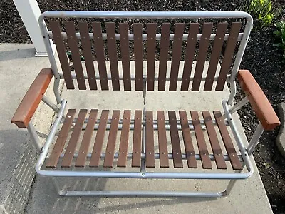 Vtg Aluminum Wood Folding Patio Lawn Chair Bench Mid Century Modern Folding  • $80