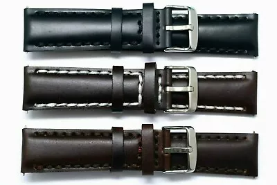 20mm 22mm Black Or Brown Leather Thick Stitching Watch Band Silver Tone Buckle • $11.50