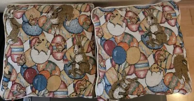 2 Vintage Easter Bunny Eggs Butterfly Tapestry Pillows 12X12 READ DESCRIPTION  • $19.95