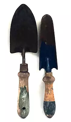 Pair Nice Vintage Rusty Metal Garden Hand Tools Wood Handle Spade Shovel • $19.99