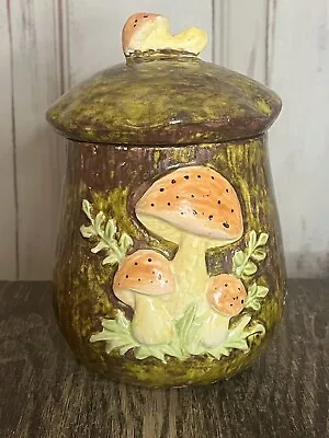 Vintage Ceramic Olive  Brown Mushroom Cookie Jar Canister 1970's Painted Mold • $20